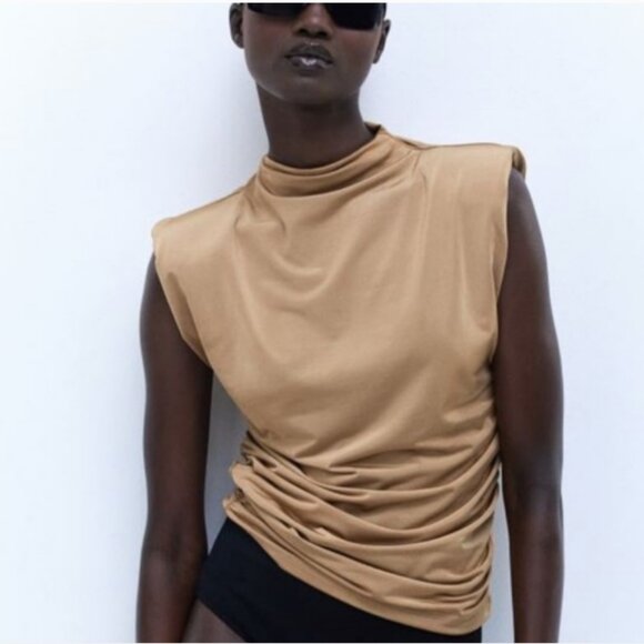 H&M Tops - Gold Ochre Draped Top with Shoulder Pads and Ruched Sides